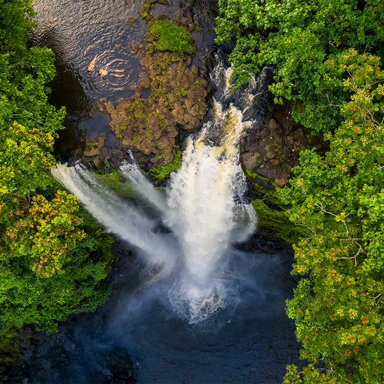 Samoa swimming in waterfall